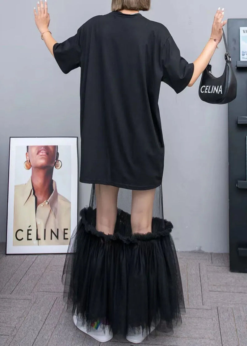 Black Cotton T Shirt Tops and Tulle Skirts Two Pieces Set O-neck Wrinkled Summer