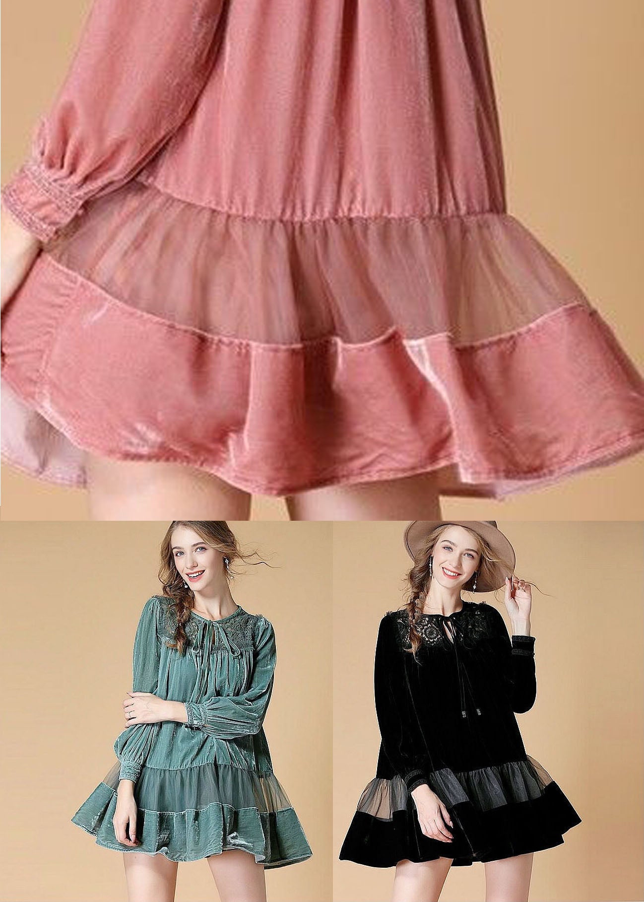 Pink Embroideried Lace Up Patchwork Velour Dress Spring