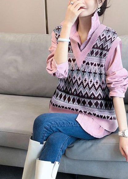 French Pink Peter Pan Collar Shirts and Vest Knit Two Piece Suit Set Fall