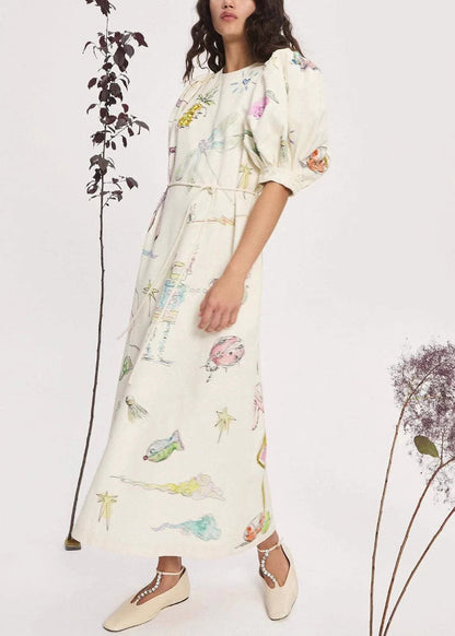 Apricot Print Lace Up Pockets Linen Long Dress Lantern Sleeve