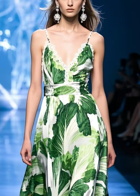 Chinese Cabbage Print Patchwork Lace Spaghetti Strap Dress Dress Summer