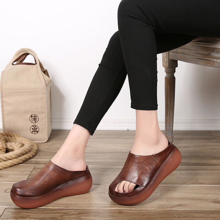 Retro Leather Wedge Slippers