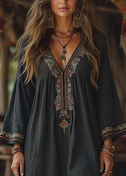 Black V Neck Print Cotton Mid Dresses Summer