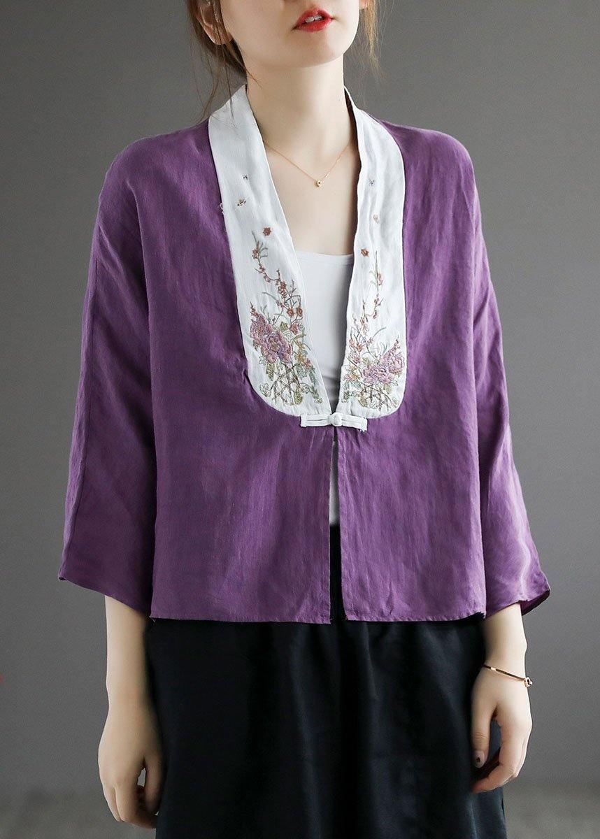 Purple Retro Embroideried Patchwork Summer Linen Blouse