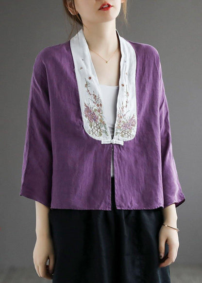 Purple Retro Embroideried Patchwork Summer Linen Blouse