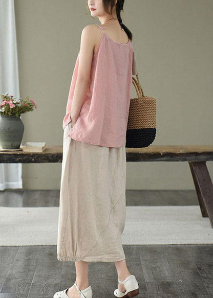 Beige Button a Line Summer Loose Skirts Linen