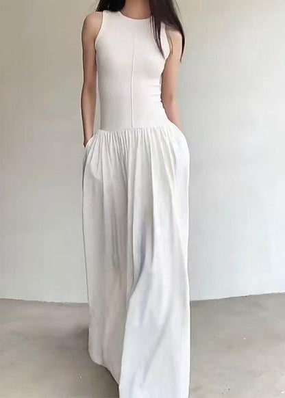 Silm Fit White Exra Large Hem Cotton Long Dress Sleeveless
