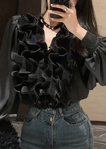 White V Neck Ruffled Chiffon Blouses Spring