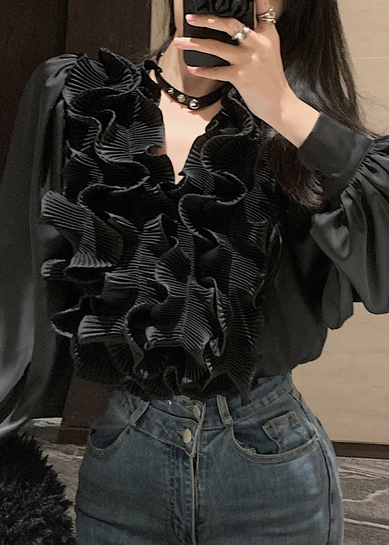 White V Neck Ruffled Chiffon Blouses Spring