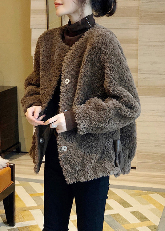 Vogue Coffee O-neck Button Thick Faux Fur Coat Fall