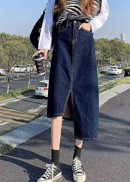 Navy Side Open Asymmetrical Pocket Cotton Denim Wraped Skirts Cozy