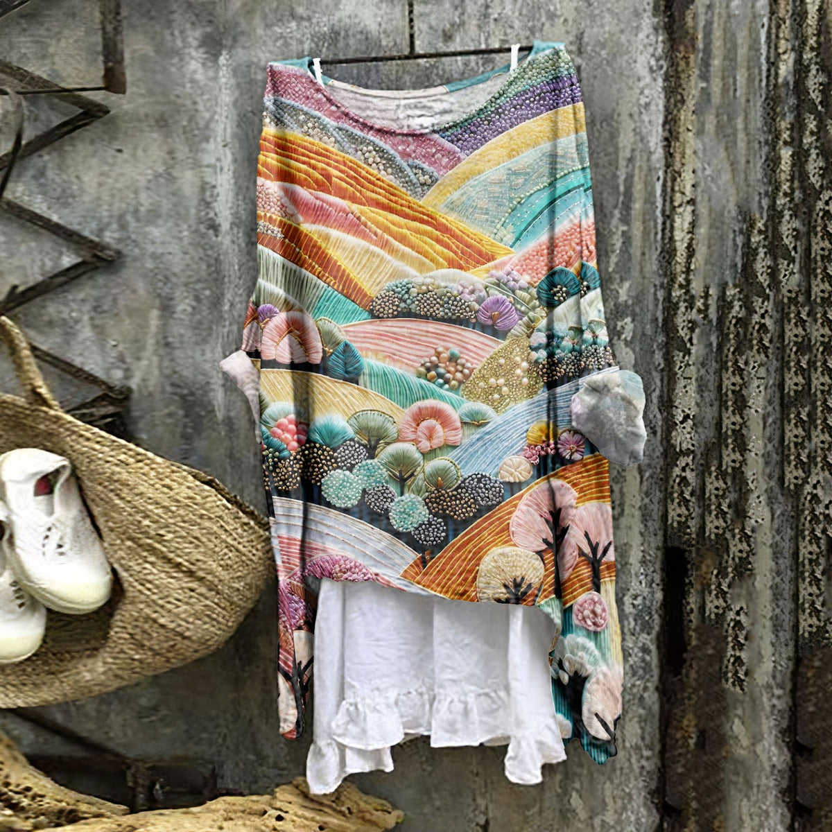 Vintage  Dreamy Colorful Village Loose Linen Cozy Shirt Tunic Top elevenforest