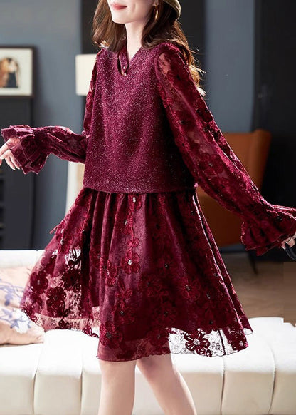 Modern Red O-neck Patchwork Fake Two Pieces Long Dresses Spring