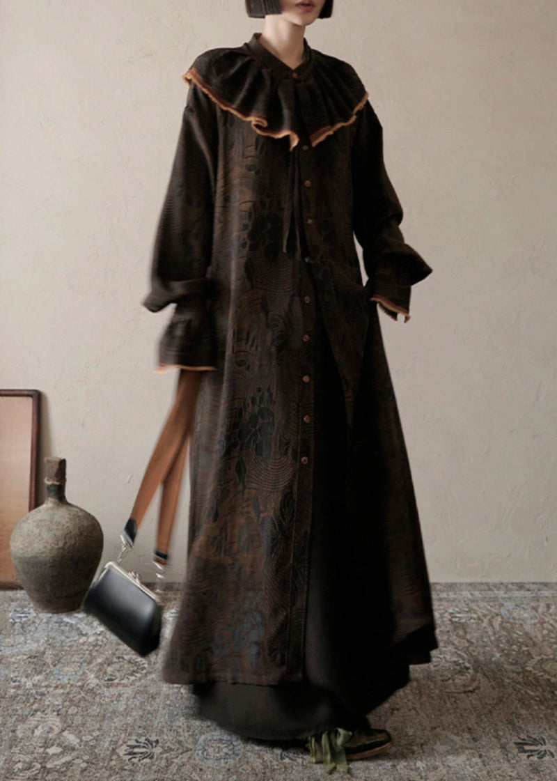 Chocolate Ruffled Print Patchwork Silk Long Dress Fall