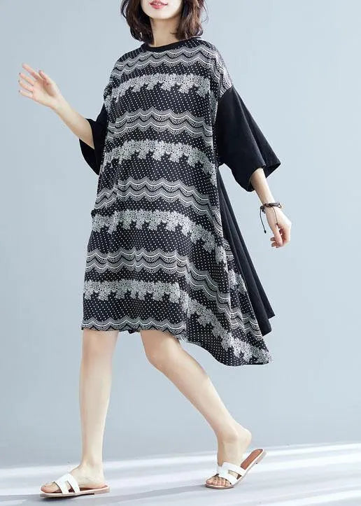 100% Patchwork Cotton Clothes for Sleeve Black Prints Cotton Dresses Summer
