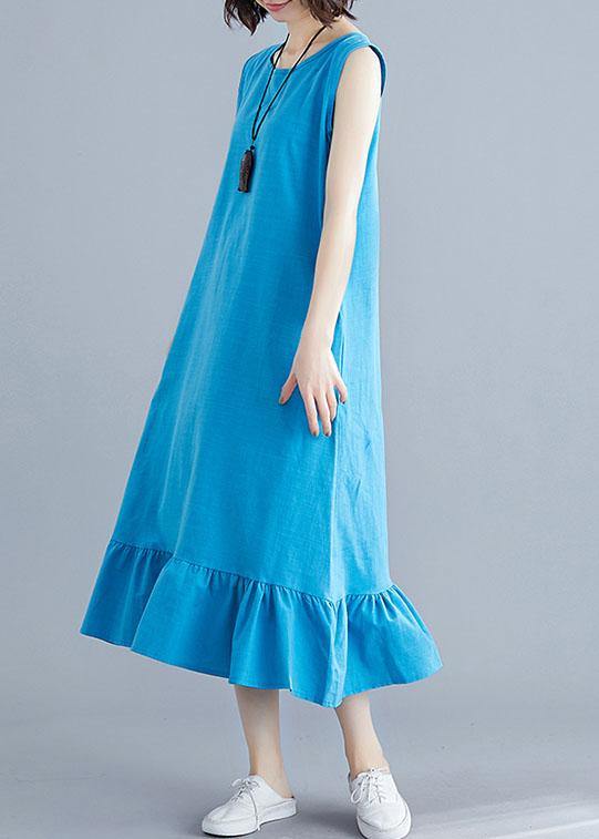 Blue Cotton Clothes for O Neck Sleeveless a Line Summer Dresses