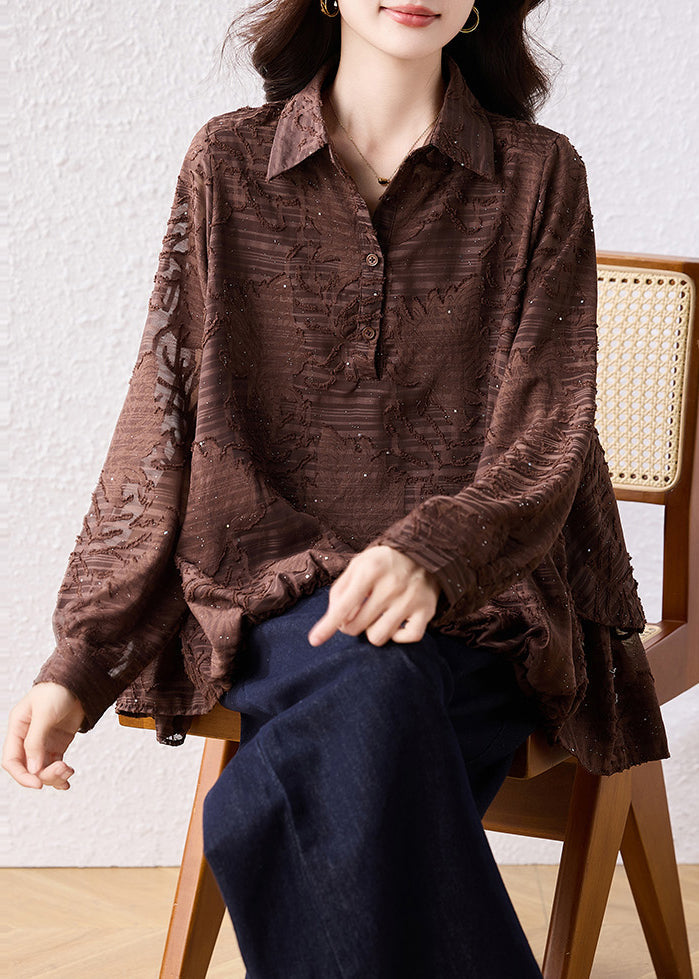 Brown Oversized Jacquard Chiffon Blouse Top Fall