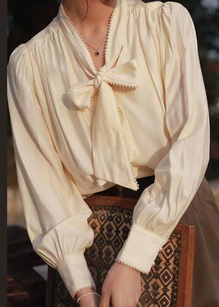 Classy Apricot Lace Up Pearl Cotton Blouses Fall