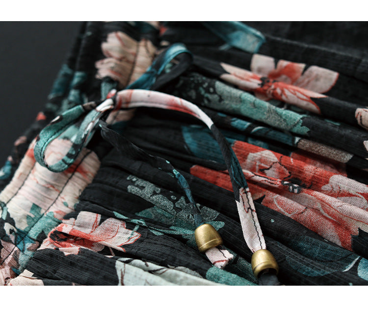 Literary Tencel Linen Print Slim A-line Skirt