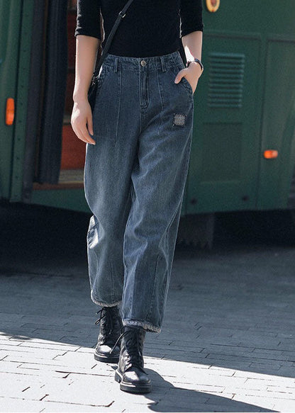 Style Navy High Waist Pockets Harem Fall Denim Pants