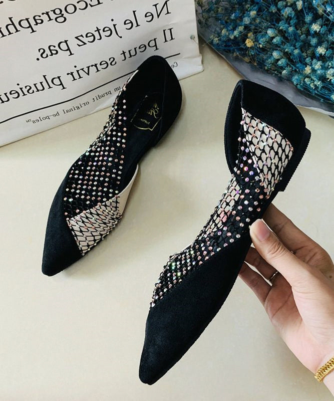 Black Pointed Toe Tulle Zircon Flat Shoes for
