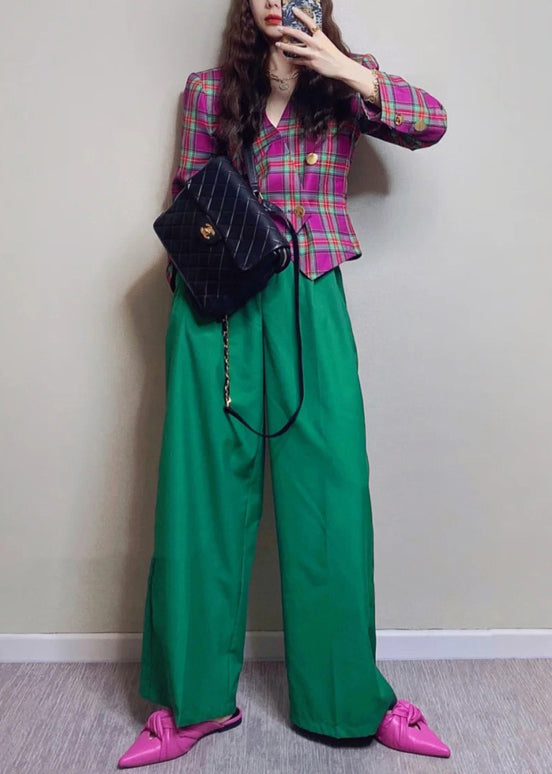 New Plaid Tops and Green Pockets Pants Cotton Two Piece Set Fall