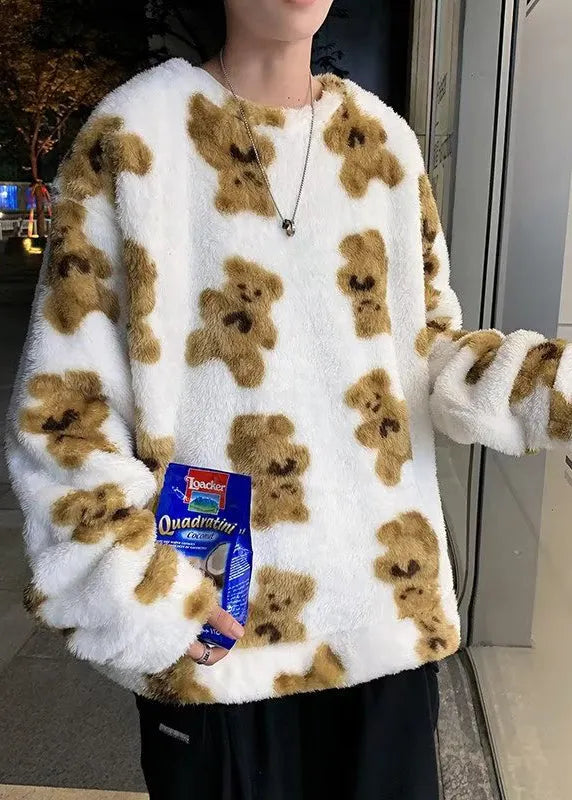 New White O Neck Little Bear Fluffy Sweatshirt Pajamas Winter