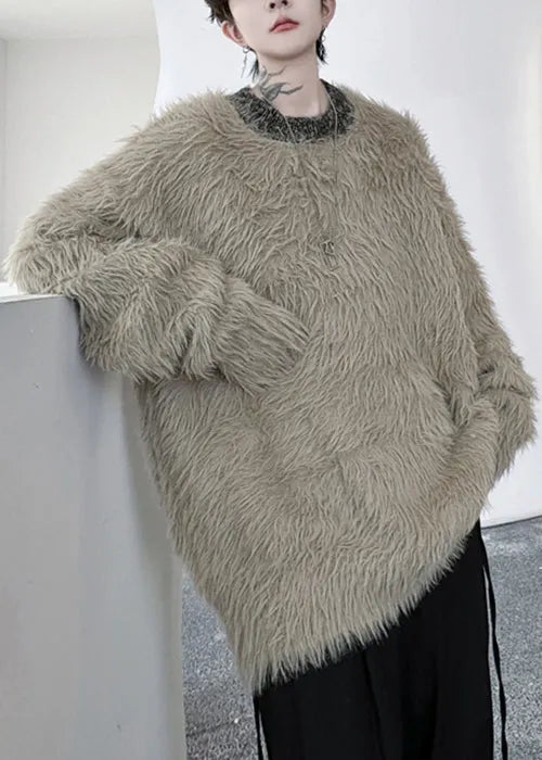Simple Khaki O Neck Mink Velvet Sweaters Winter