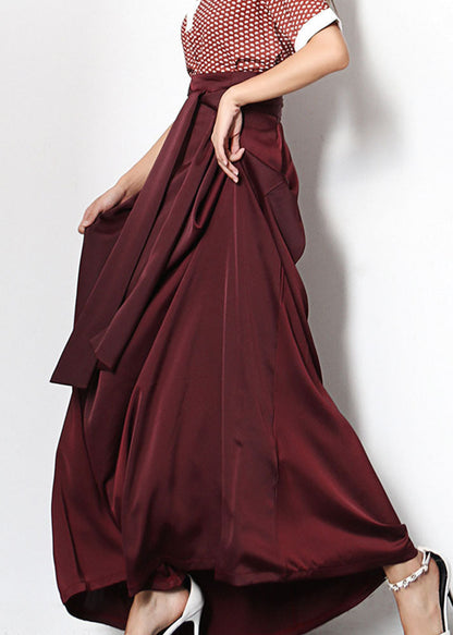 French Red Wrinkled Tie Waist Chiffon Skirt Spring