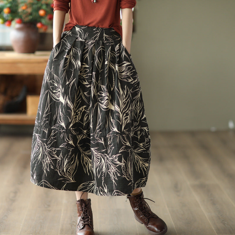 Printed Cotton and Linen Slim Elastic Waist A-line Skirt