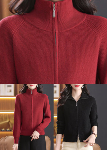 Black Knit Cardigans Peter Pan Collar Zippered Fall