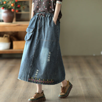 Embroidered Ripped Denim Slim A-line Skirt