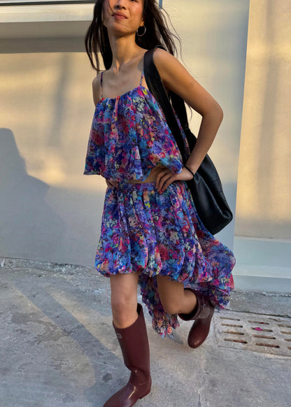Beach Purple Print Vest and Asymmetrical Skirts Two Pieces Set Sleeveless