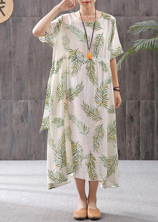 French Linen Clothes for Cotton Linen Print Round Neck Dress