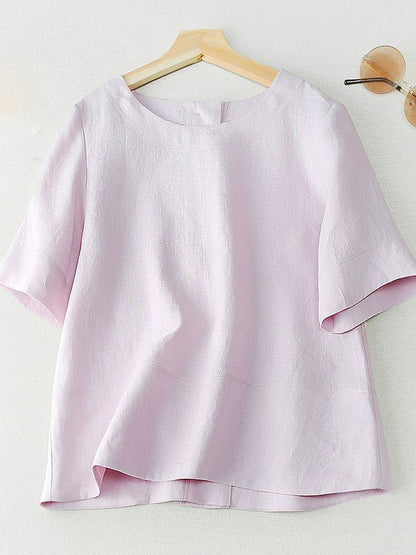 Color V Neck Short Sleeve Linen Shirt Top