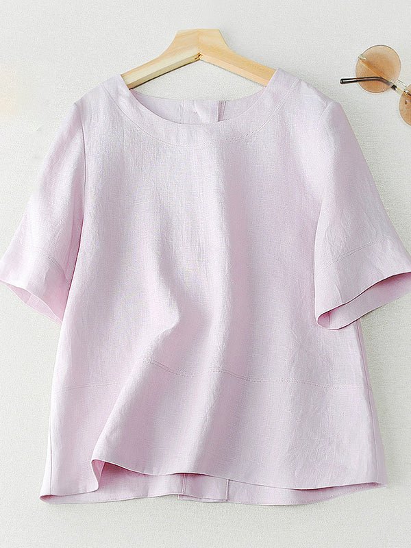 Color V Neck Short Sleeve Linen Shirt Top