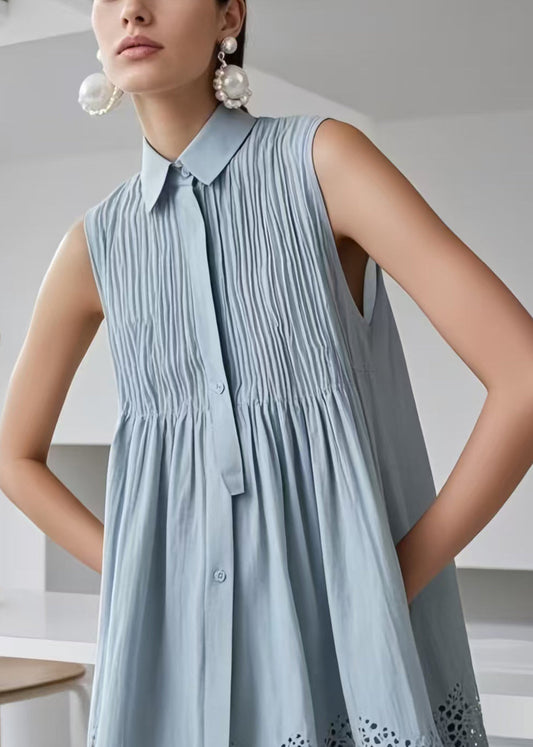 Blue Hollow Out Wrinkled Cotton Tea Dress Sleeveless