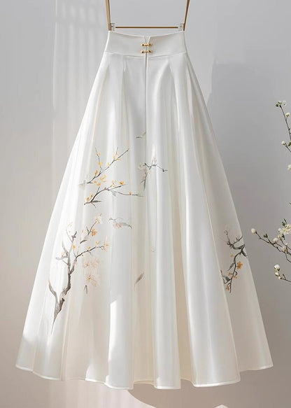 Chinese Style White High Waist Print Chiffon Skirts Fall