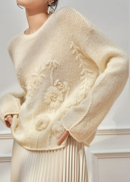 Handmade Beige O Neck Cozy Knit Sweater Tops Fall