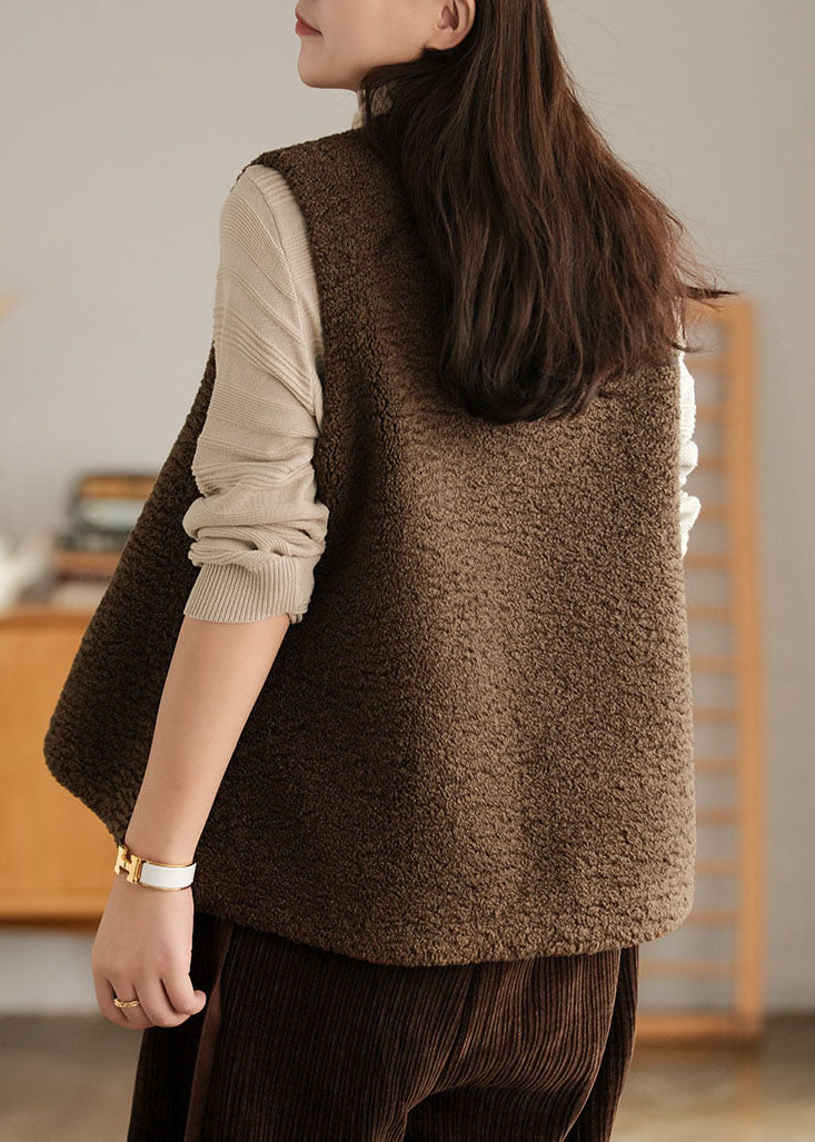Diy Chocolate Embroideried Asymmetrical Design Faux Fur Vest Sleeveless