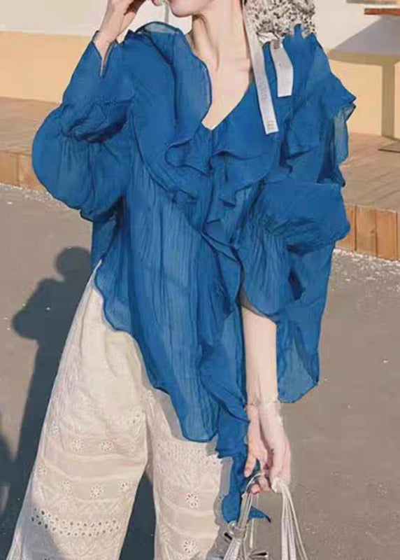 Blue Tops V Neck Asymmetrical Patchwork Fall