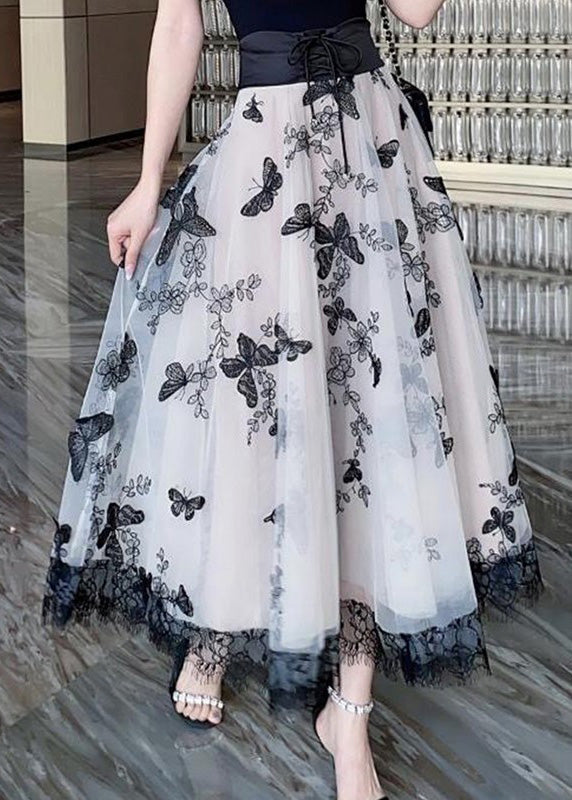 Beige Embroideried Tie Waist Tulle a Line Skirt Summer