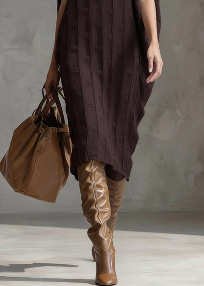 Coffee O Neck Oversized Silk Cotton Dress Batwing Sleeve