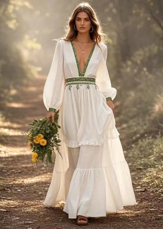 White Deep-v Neck Exra Large Hem Long Dress Spring
