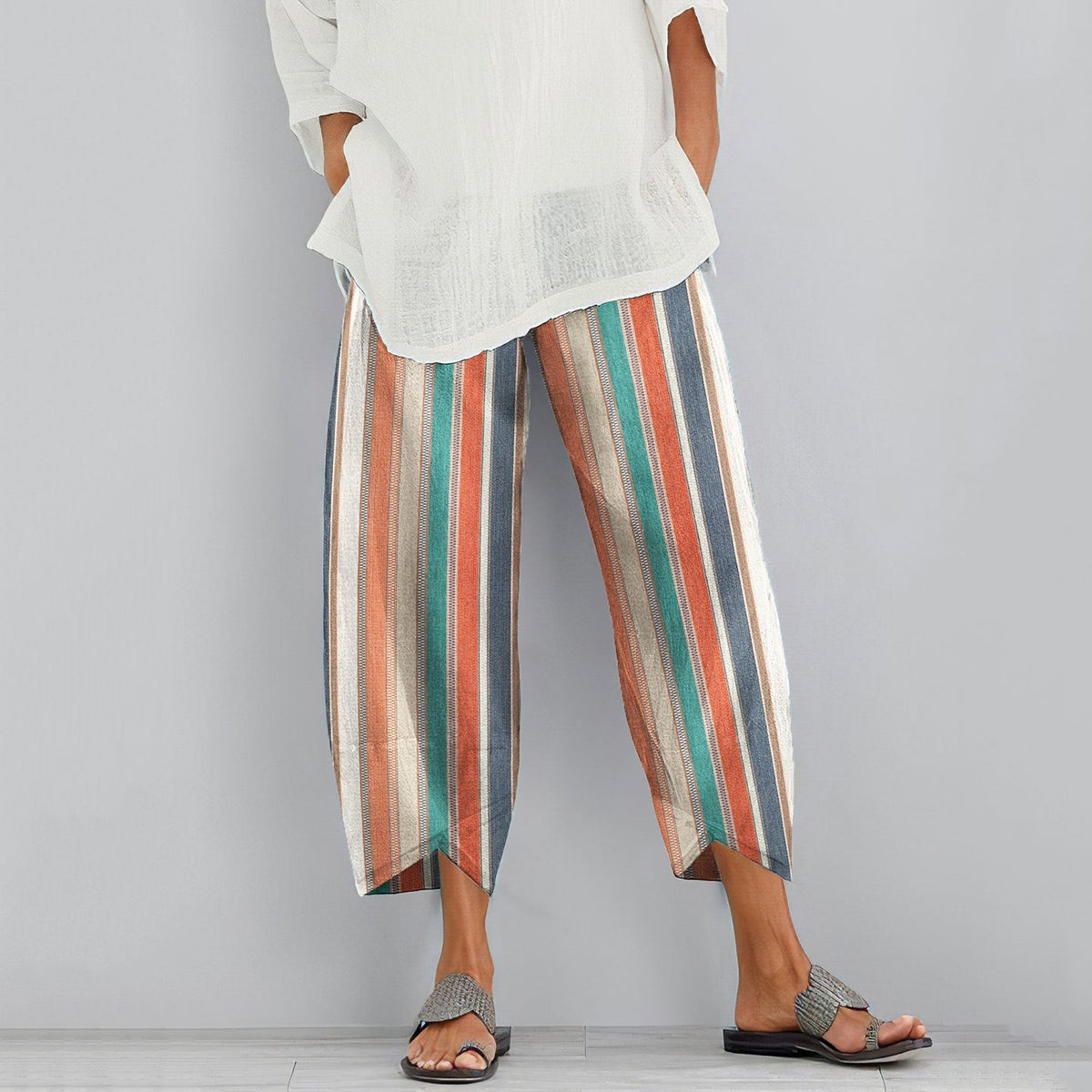Vintage Color Block Stripes Cotton And Linen Pants elevenforest
