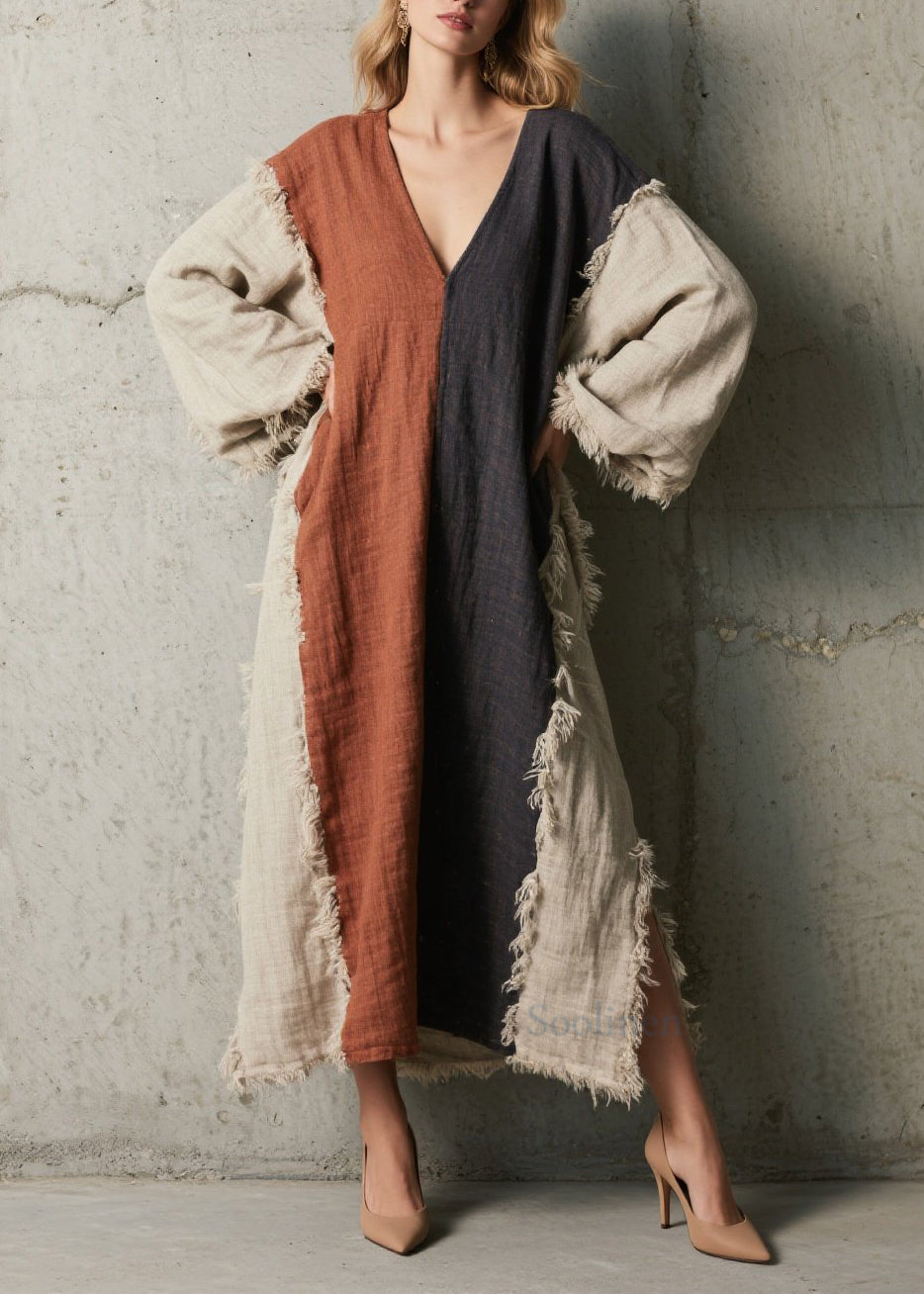 Colorblock V Neck Tassel Patchwork Cotton Dress Fall