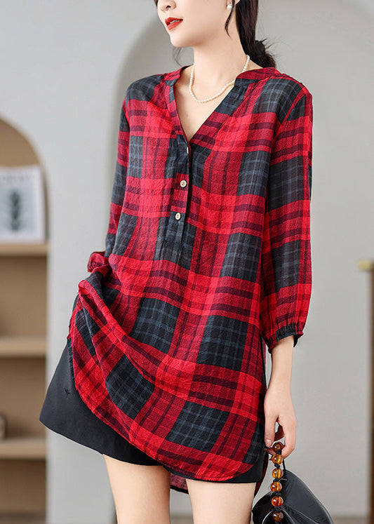 Red V Neck Plaid Linen Mid Dresses Summer