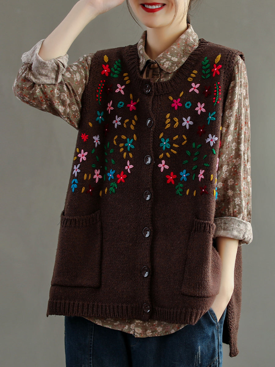 Embroidery Cotton Baggy Cardigan Vest