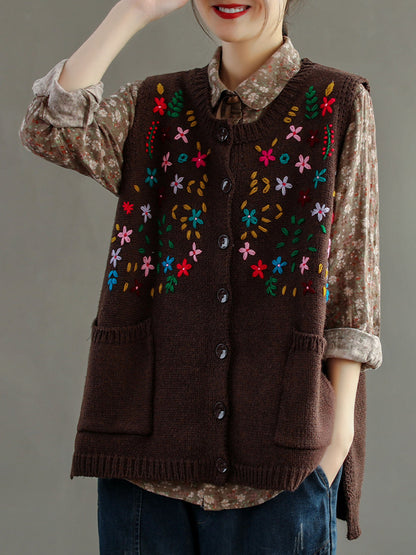 Embroidery Cotton Baggy Cardigan Vest