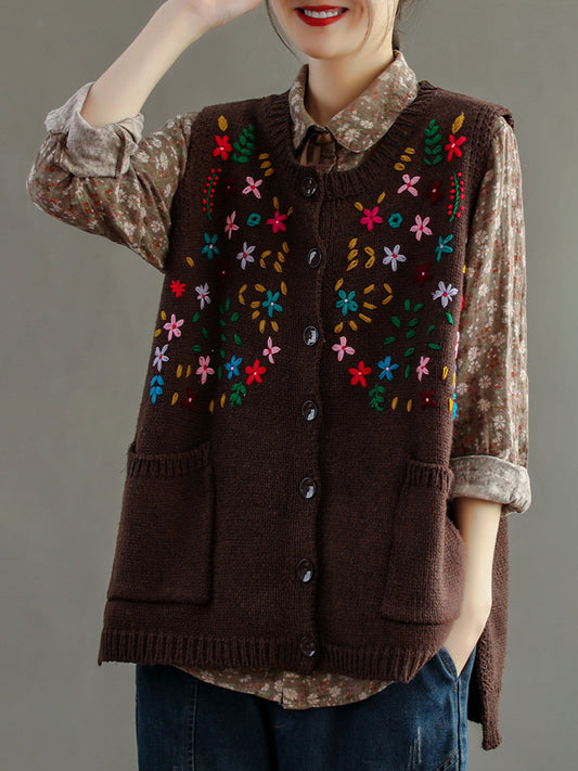 Embroidery Cotton Baggy Cardigan Vest